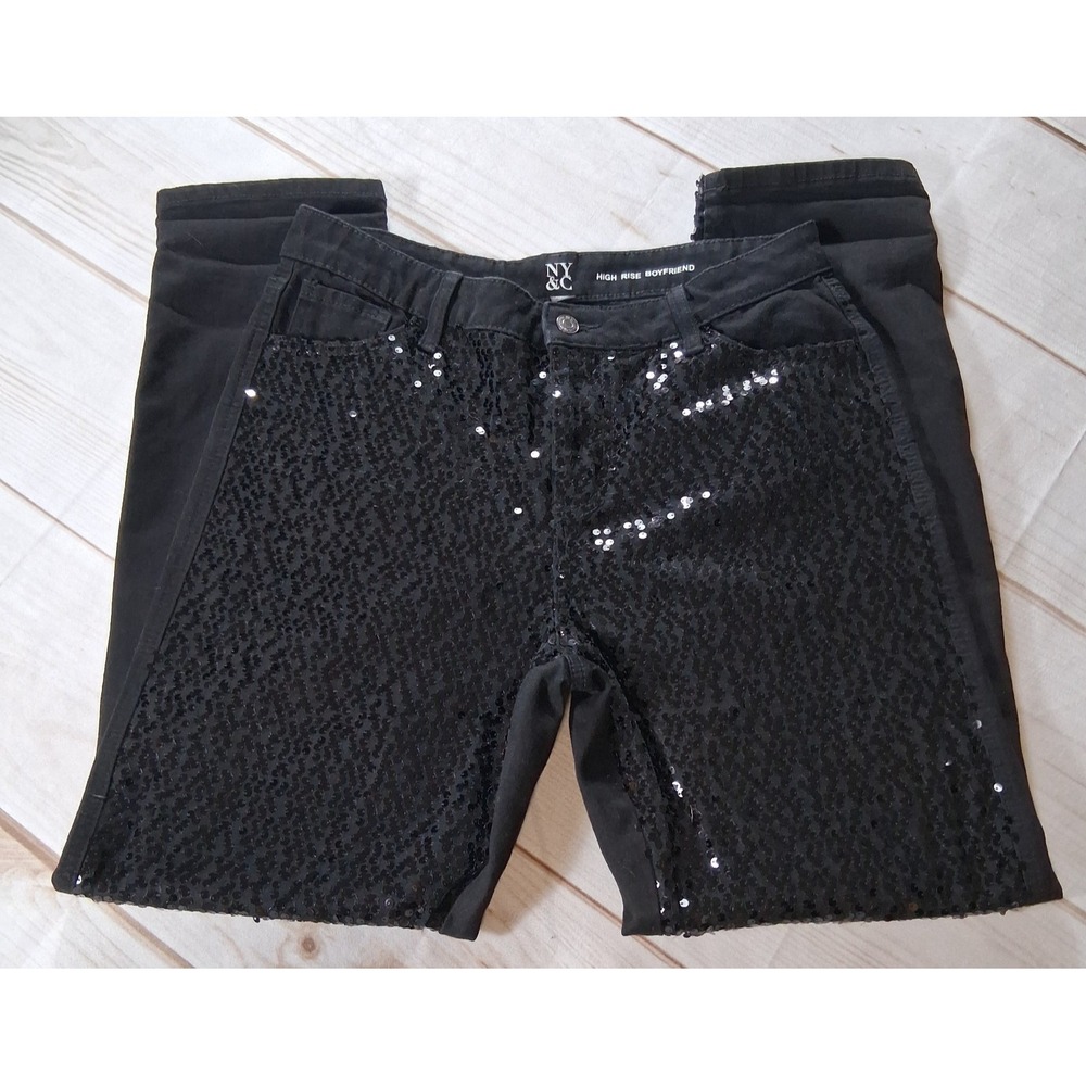 New York & Company High Rise Boyfriend Jeans Womens 10 Black Sequin Leopard